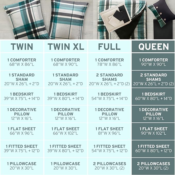 Intelligent Design Robbie 9-Piece Twin Comforter Set – Lightweight All-Season Plaid Bedding, Teal/Black, Cozy Bed-in-a-Bag with Matching Shams & Decorative Pillow, Modern Casual Style