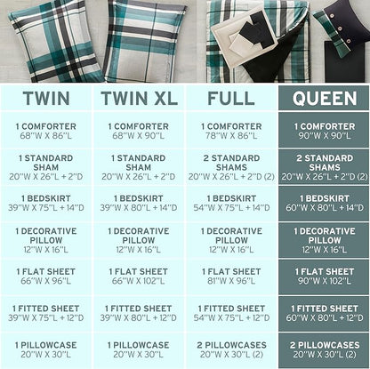 Intelligent Design Robbie 9-Piece Twin Comforter Set – Lightweight All-Season Plaid Bedding, Teal/Black, Cozy Bed-in-a-Bag with Matching Shams & Decorative Pillow, Modern Casual Style