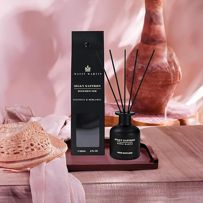 Matin Martin Silky Saffron Reed Diffuser 5 oz - Luxury Aromatherapy with Magnolia, Bergamot - Home Decor Gift for Bedroom, Office, Living Room, Bathroom - Long-Lasting Scent - Premium Fragrance Sticks