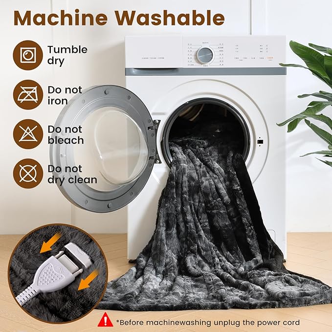 Bearhug Heated Blanket Full Size 77"x 84", Marble Black Electric Blanket, Reversible Faux Fur & Sherpa, 10 Heating Levels & 1-12H Auto Off, Over-Heat Protect, ETL, Washable Heated Blanket