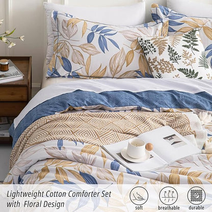 Blue Botanical Cotton Comforter Queen Size - 3PC Lightweight Bedding Sets with Ultra-Soft Alternative Fill, Reversible Design with Leaf Pattern, Dark Blue & White (1 Comforter, 2 Pillowshams)