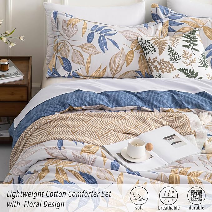 Blue Botanical Cotton Comforter King Size - 3PC Lightweight Bedding Sets with Ultra-Soft Alternative Fill, Reversible Design with Leaf Pattern, Dark Blue & White (1 Comforter, 2 Pillowshams)