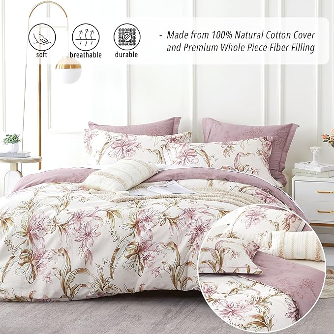 Floral Cotton Comforter Queen Size 3Pcs - Pink Flowers on Botanical Textured Beige Front, Mauve Taupe Back, Reversible Lightweight Bedding Sets with Soft Fill(Queen, 90"×90")