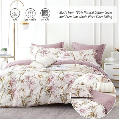 Floral Cotton Comforter Queen Size 3Pcs - Pink Flowers on Botanical Textured Beige Front, Mauve Taupe Back, Reversible Lightweight Bedding Sets with Soft Fill(Queen, 90"×90")