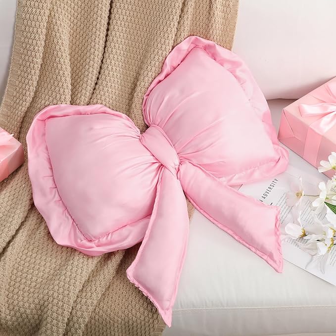 Pink Bow Pillow Large Decorative Soft Pillow 18 x 16 Inch Coquette Bow Room Decor Soft Bowknot Decorations for Galentine's Day Valentines Cushion Bed Sofa Couch Home Decorations