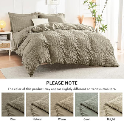 HYMOKEGE Linen Twin Comforter Set Seersucker 5 Pieces, All Season Luxury Bed in a Bag for Bedroom, Bedding Set with Comforter, Sheets, Pillowcase & Sham