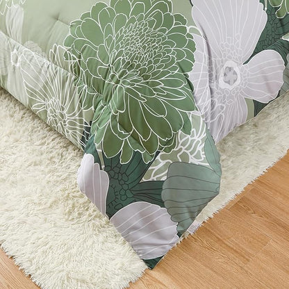 Yiran 7 Pieces Bed in a Bag Green Comforter Set Queen Floral Comforter Soft Microfiber Bedding Set with 1 Comforter 1 Flat Sheet 1 Fitted Sheet 2 Pillowshams and 2 Pillowcases