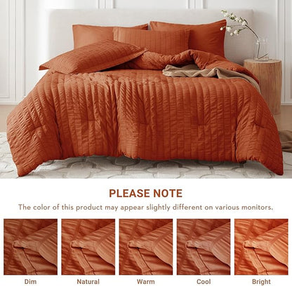 MUXHOMO 7 Pieces King Comforter Set, Seersucker Bed in a Bag King Size, All Season Luxury Bedding Set with Comforter, Flat Sheet, Fitted Sheet, Pillowcases & Shams, Burnt Orange