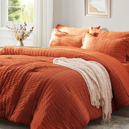 Zzlpp Full Comforter Set 7 pieces, Burnt Orange Seersucker Bed in a Bag with Sheets, Lightweight Bedding Sets with 1 Comforter, 2 Pillow Shams, 2 Pillowcases, 1 Flat Sheet, 1 Fitted Sheet