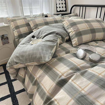 mixinni King Comforter Set Green Geometric Checkered Plaid Bedding Comforter Set Men Boys Modern Style All Season Soft Fluffy Lightweight Bedding Set-King Size