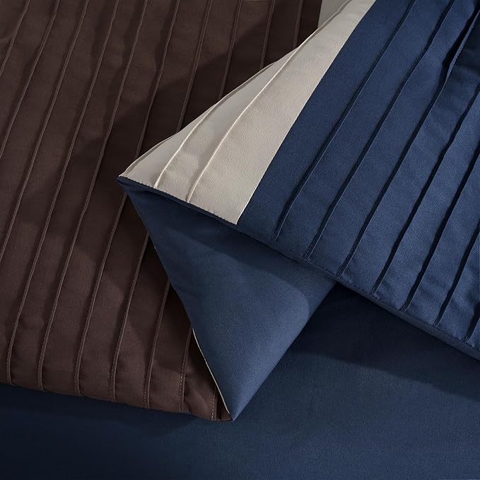 Chezmoi Collection Briar 7-Piece Queen Bed in a Bag - All Season Lightweight Microfiber Comforter Set - Includes Sheets & Shams - Midnight Blue/Brown/Coffee Pleated Stripe Design