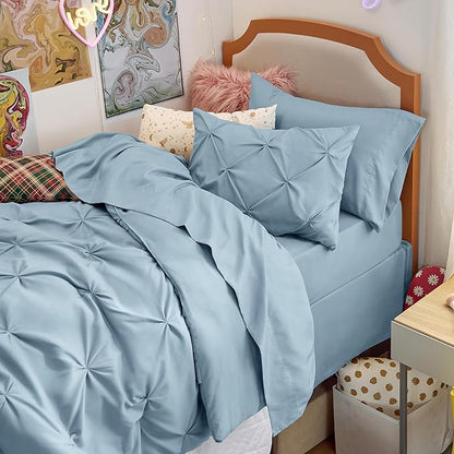 Bedsure Twin XL Comforter Set - Extra Long 5 Pieces Dorm Bedding Sets, GentleSoft™ Pinch Pleat Light Blue Bed in a Bag with Pintuck Comforter, Sheets, Pillowcase & Sham