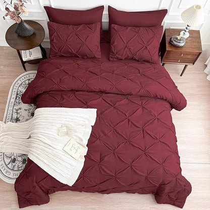 Maple&Stone Burgundy Comforter Set Queen, 7 Pieces Bed in a Bag Queen, Pintuck Bedding Sets with Comforter, Sheets, Pillowcases & Shams - Burgundy