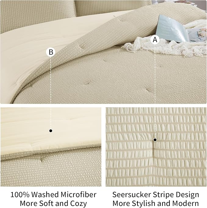 HOMBYS 3 Piece Seersucker Oversized King Comforter Set 128x128, Breathable Beige Soft Comforter Set, Lightweight Down Alternative Comforter, Bedding Comforter Sets with 2 Pillow Shams for All Season