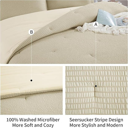 HOMBYS 3 Piece Seersucker Oversized King Comforter Set 128x128, Breathable Beige Soft Comforter Set, Lightweight Down Alternative Comforter, Bedding Comforter Sets with 2 Pillow Shams for All Season