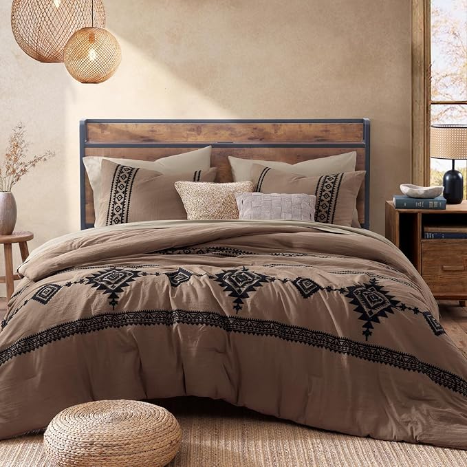 MaiRêve Embroidery Comforter Set, Boho Farmhouse Western Bedding Set, All Season Bed in A Bag Comforter Set with Sheets, Pillowcases & Shams, Brown King 7 Pieces