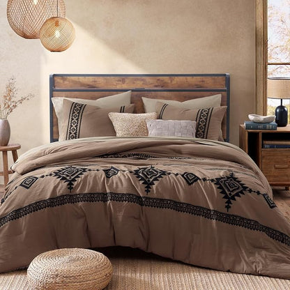 MaiRêve Embroidery Comforter Set, Boho Farmhouse Western Bedding Set, All Season Bed in A Bag Comforter Set with Sheets, Pillowcases & Shams, Brown King 7 Pieces