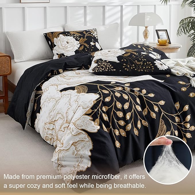 mixinni Floral Comforter Set Full Size,3 Pieces Botanical Bedding Comforter Sets, White Flowers and Gold Leaves Printed on Black, Soft Fluffy Reversible Farmhouse Boho Comforter for All Season