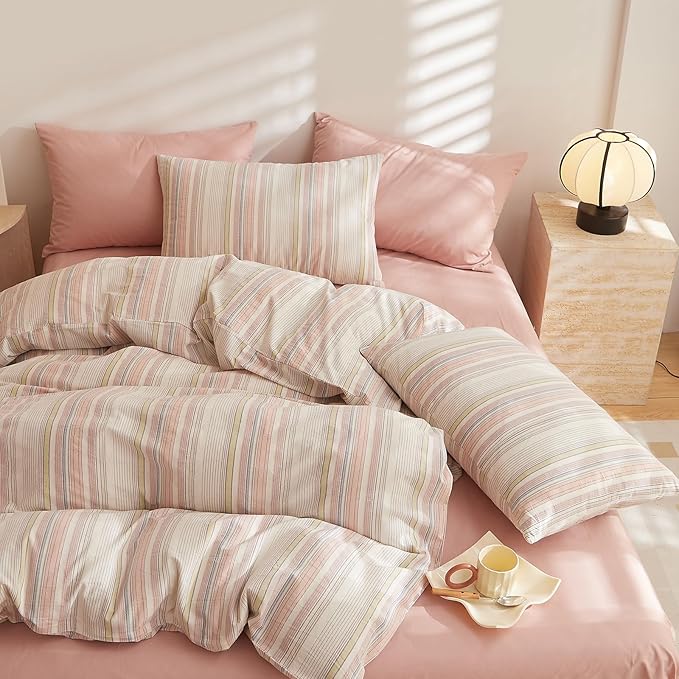 HighBuy Twin XL Size Comforter Set 3 Piece Striped Bedding Set White Pink Stripes Comforter Teen Lightweight Down Alternative Comforters for All Season 1 Stripe Comforter with 2 Pillowcases