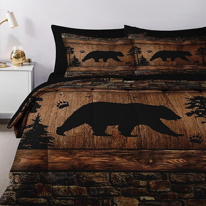 Nesker 5 Pcs Comforter Set Twin Size, Wild Animal Brown Wooden Plank Bedding Set for Kids and Adults, Bears Farmhosue Cabin Rustic Bed Sheet Sets with Fitted Sheet Pillowcases & Shams