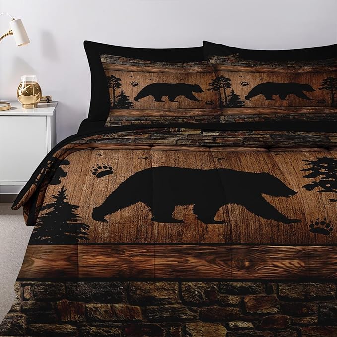 Nesker 7 Pcs Comforter Set King Size, Wild Animal Brown Wooden Plank Bedding Set for Kids and Adults, Bears Farmhouse Cabin Rustic Bed Sheet Sets with Fitted Sheet 2 Pillowcases & 2 Shams