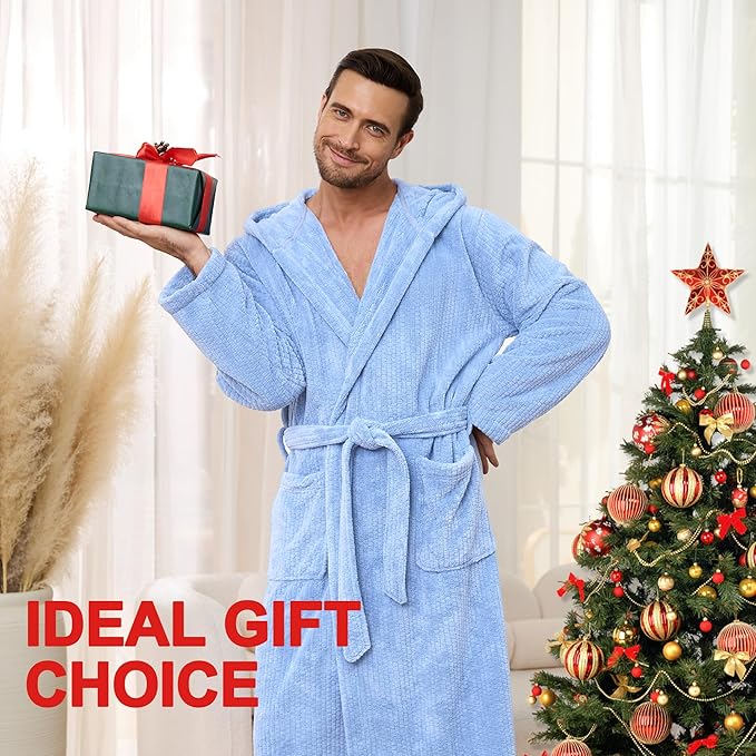 Men's Bathrobes with Hood, Soft Long Towel Robe for Men - Super Absorbent Quick Dry yet Warm