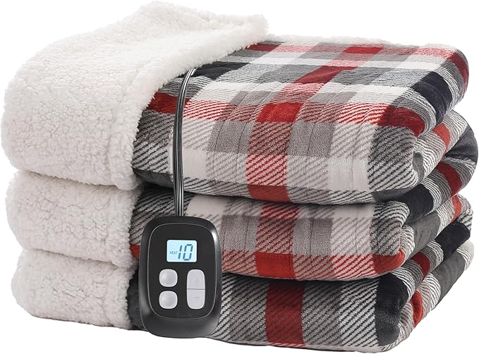 Electric Heated Blanket 72"x84" Full Size Flannel & Sherpa - 4 Heat Settings & 10H Auto Shut Off, Fast Heating, Machine Washable for Bed, Couch, Office - Black and Red Checkered Pattern