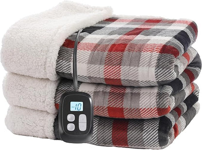Electric Heated Blanket 72"x84" Full Size Flannel & Sherpa - 4 Heat Settings & 10H Auto Shut Off, Fast Heating, Machine Washable for Bed, Couch, Office - Black and Red Checkered Pattern