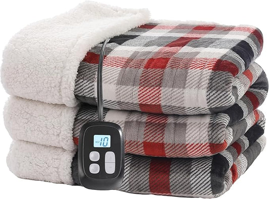 Electric Heated Blanket 72"x84" Full Size Flannel & Sherpa - 4 Heat Settings & 10H Auto Shut Off, Fast Heating, Machine Washable for Bed, Couch, Office - Black and Red Checkered Pattern