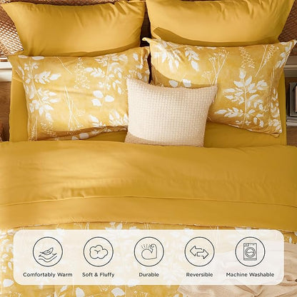 Bedsure Queen Comforter Set - 7 Pieces Floral Yellow Soft Bedding Sets, Queen Bed in a Bag with Botanical Flowers Comforter, Sheets, Pillowcases & Shams