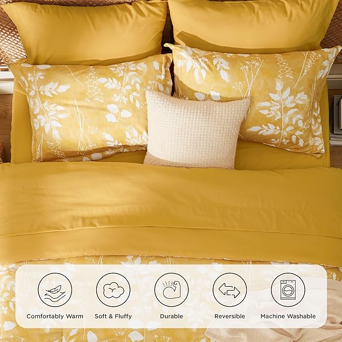 Bedsure King Size Comforter Set - 7 Pieces Floral Yellow Soft Bedding Sets, King Bed in a Bag with Botanical Flowers Comforter, Sheets, Pillowcases & Shams