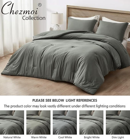 Chezmoi Collection Cliff 3-Piece Lightweight Cooling Comforter Set, Queen- Rayon Derived from Bamboo & Polyester Blended, Soft Breathable Bedding for Hot Sleepers, Dark Gray