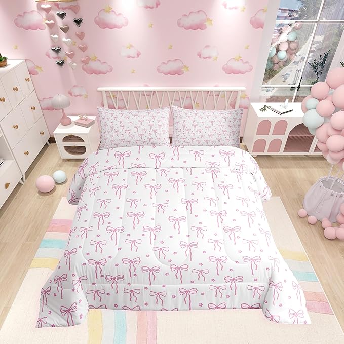 Castle Fairy Bow Print Comforter Set Twin Size,Pink Bow Bedding Sets 2Pcs for Kids Girls Boys Room Decor,Flower Floral Duvet Insert Princess Pink Quilted Duvet,1 Pillowcase