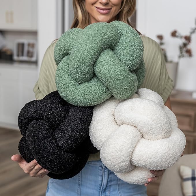 SAMIAH LUXE Cream White Knot Pillow Ball 12" for Home Decor Living Room, Teddy Boucle Knotted Decorative Pillows for Couch, Knot Throw Pillows for Living Room Decor, Sensory Knotted Circle Pillow