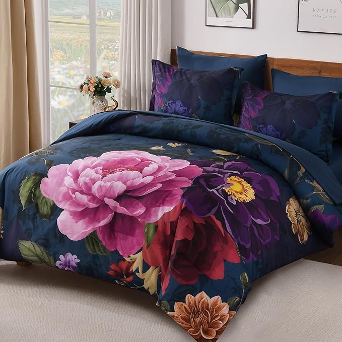 WONGS BEDDING Blue Comforter Set Queen Size Floral, 7 Pieces Bed in a Bag Set, Navy Blue and Pink Flower Bedding Set, Soft Microfiber for All Season with Pillowcases & Shams,Sheets(90"×90")