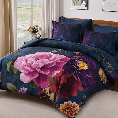 WONGS BEDDING Blue Comforter Set Queen Size Floral, 7 Pieces Bed in a Bag Set, Navy Blue and Pink Flower Bedding Set, Soft Microfiber for All Season with Pillowcases & Shams,Sheets(90"×90")