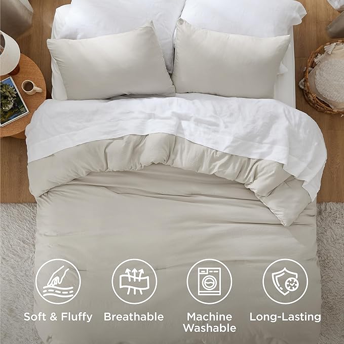 Bedsure Oversized Queen Comforter Set, Beige Soft Prewashed Bedding for All Seasons, 3 Pieces GentleSoft™ Bed Set, 1 Lightweight Comforter (98"x98") and 2 Pillowcases (20"x26")