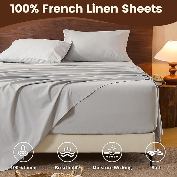 100% Linen Sheet Set Queen Size Extra Deep Pocket Fits 18-24 Inch Mattress, Breathable & Soft, Smooth 6-Piece Set for Thick Mattresses Hotel Luxury Bedding（Queen, Grey）