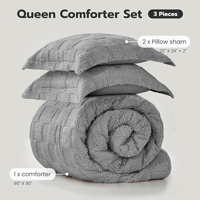 Joiedomi Tufted Queen Comforter Set, 3 Pieces Grey Boho Queen Bedding Set with 1 Plaid Geometric Comforter and 2 Pillow Shams, Checkered Bed in a Bag for All Seasons