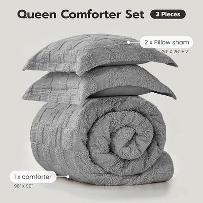 Joiedomi Tufted Queen Comforter Set, 3 Pieces Grey Boho Queen Bedding Set with 1 Plaid Geometric Comforter and 2 Pillow Shams, Checkered Bed in a Bag for All Seasons