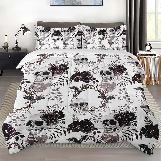 Comforter Set King Size, Vintage Soft 3 Pcs Bedding for Kids and Adults, Skeleton Flower Dead Tree Comforter Set with Pillowcase, for Bedroom Bed Decor