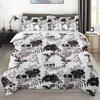 Comforter Set King Size, Vintage Soft 3 Pcs Bedding for Kids and Adults, Skeleton Flower Dead Tree Comforter Set with Pillowcase, for Bedroom Bed Decor