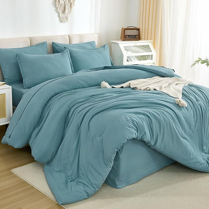 Litanika Super King Comforter Sets Grayish Teal - 7 Pieces Bed in a Bag Oversized King Bedding Comforter Sets, Solid Lightweight Bed Set with Comforter, Sheets, Pillowcases & Shams