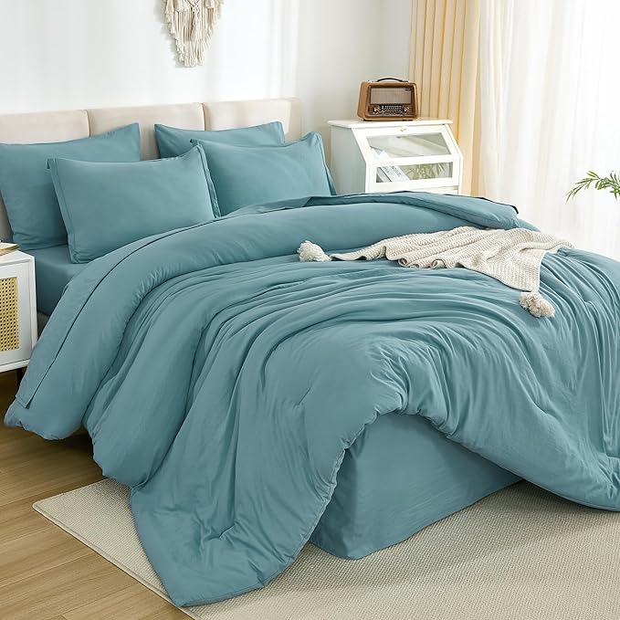Litanika Full Size Comforter Sets Grayish Teal - 7 Pieces Bed in a Bag Full Bedding Comforter Sets, Solid Lightweight Bed Set with Comforter, Sheets, Pillowcases & Shams