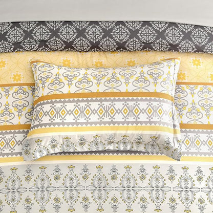 WONGS BEDDING Boho Comforter Set Queen Size,7 Pieces Bed in a Bag Bohemian Striped Bedding Set,Yellow Paisley Floral Comfortet and Sheet Set,Soft Microfiber Bedding Sets for All Season
