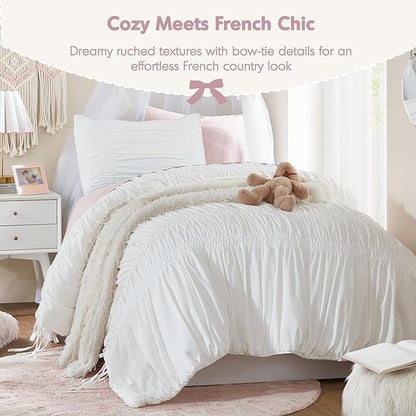 Intelligent Design Twin Comforter Set Ruched Shabby Chic Comforters for Twin Size Bed, All Season Lightweight Comforter Twin, French Country Bedding Set, Sham, Ella, Twin/Twin XL, White, 2 Piece