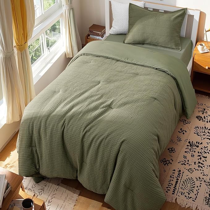 PHF Soft Waffle Comforter Set Twin Size- Comfy Breathable Waffle Weave Comforter with 1 Pillow Shams, 2 Pieces Less Snagging Lightweight Textured Bedding Set for All Season, Olive Green