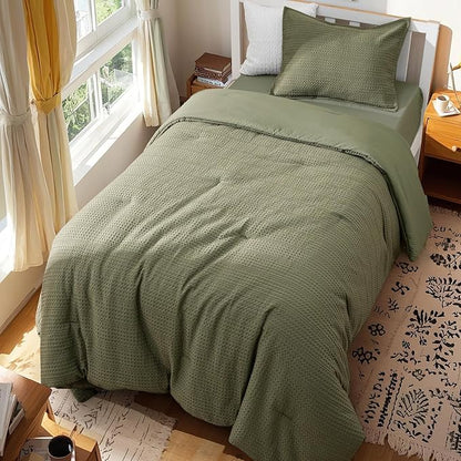 PHF Soft Waffle Comforter Set Twin Size- Comfy Breathable Waffle Weave Comforter with 1 Pillow Shams, 2 Pieces Less Snagging Lightweight Textured Bedding Set for All Season, Olive Green