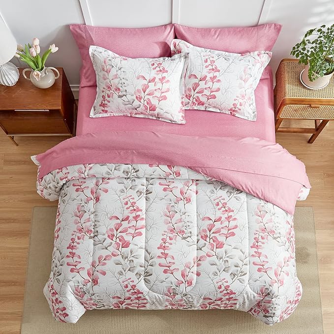 Pink Floral Comforter Sheet Set Bed in a Bag Twin Pink Gray Leaves 6 Pieces Bedding Set (1 Comforter 2 Pillow Shams 1 Flat Sheet 1 Fitted Sheet 1 Pillowcases)