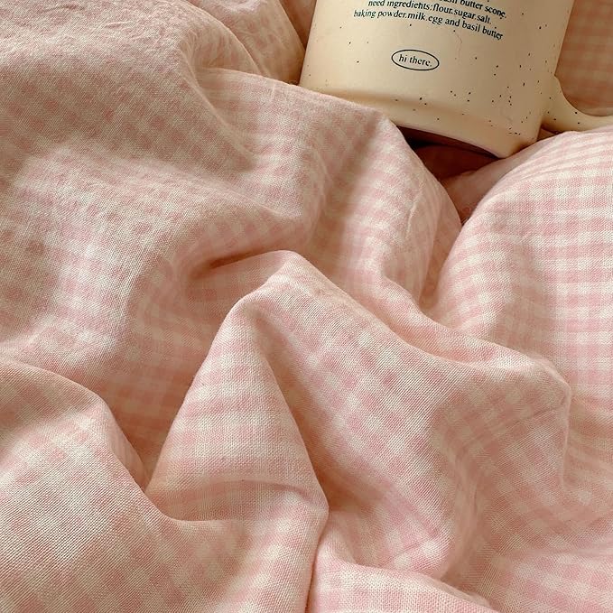 mixinni Light Pink Gingham Comforter Set King - 3 Piece Soft Washed Microfiber Plaid Bedding Set with Lace Trim, All Seasons Fluffy Comforter & Pillowcases, Farmhouse French Country Aesthetic